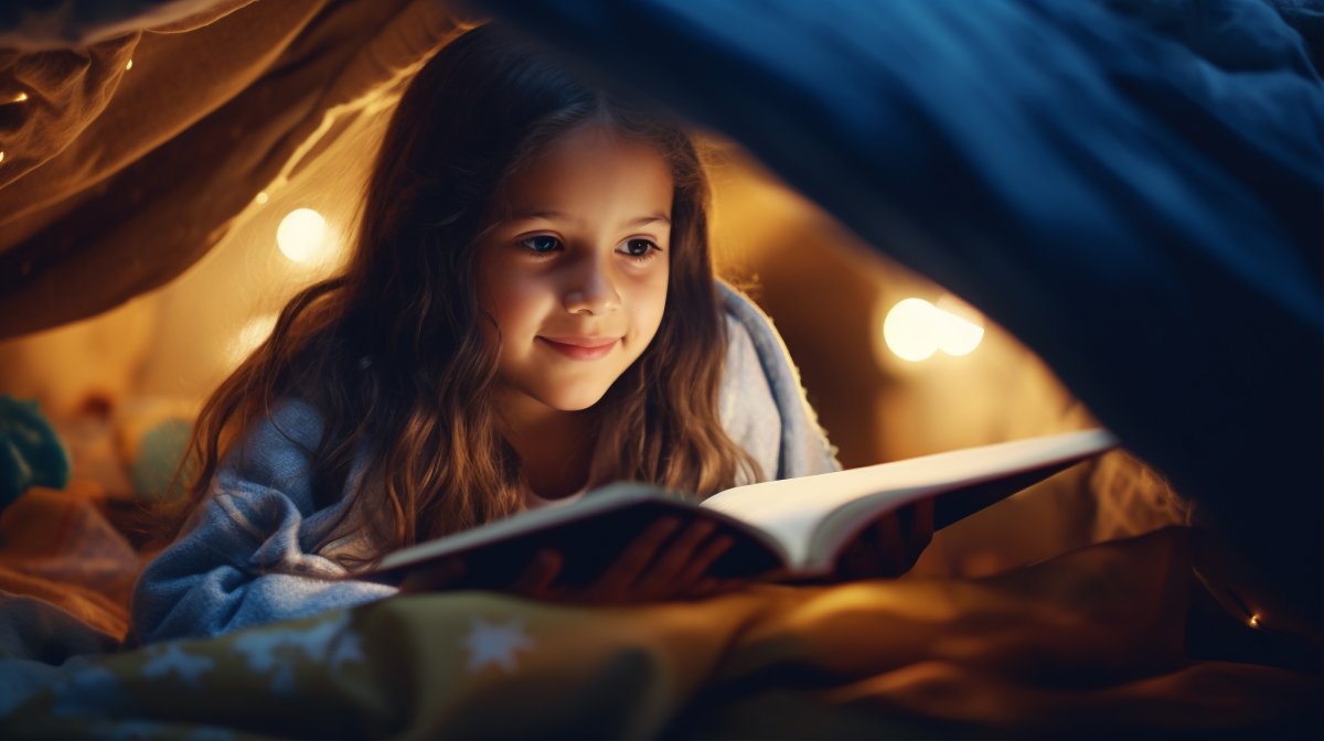 petite fille qui lit lumières tamisées